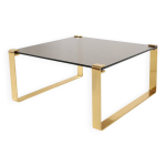 Table basse du milieu du si�cle avec base plaqu�e or et plateau en verre, ann�es 1970