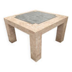 Table basse en mosaque de marbre '80, saumon et vert avec laiton
