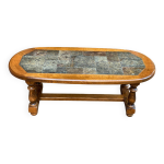 Table basse ovale en bois massif et pierre 115x58