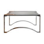Table basse rectangulaire en chrome et verre fum, pieds arqus, space age, design, 1970