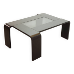 Table basse rectangulaire en contreplaqu laqu noir avec panneau en verre fum, annes 70