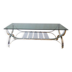 Table basse rectangulaire en verre fumé et chrome double plateaux design 1970 Table basse rectangulaire en verre fumé et chrome double plateaux design 1970