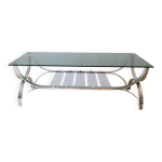 Table basse rectangulaire en verre fumé et chrome double plateaux design 1970 Table basse rectangulaire en verre fumé et chrome double plateaux design 1970
