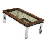 Table basse rectangulaire vintage 1970 chromee, bois & verre fume Table basse rectangulaire vintage 1970 chromee, bois & verre fume