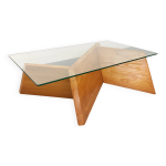 Table basse rectangulaire vintage en orme massif et verre des années 80 Table basse rectangulaire vintage en orme massif et verre des années 80