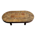 Table basse roger capron en cramique brun ocre avec pitement en bois et plateau ovale  motif de feuilles ...