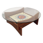 Table basse ronde 2 plateaux vintage des annes 60 70 en verre, palissandre