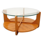 Table basse ronde à 2 plateaux vintage de hugues poignant, en teck et verre Table basse ronde à 2 plateaux vintage de hugues poignant, en teck et verre