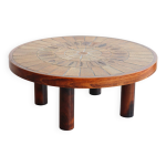Table basse ronde en bois et cramique par roger capron, modle herbier / garrigue, annes 60 / 70