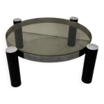 Table basse ronde design italien en chrome et verre fum� vintage