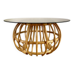 Table basse ronde design en rotin et verre fumé 1970 Table basse ronde design en rotin et verre fumé 1970