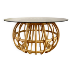 Table basse ronde design en rotin et verre fumé années 70 Table basse ronde design en rotin et verre fumé années 70