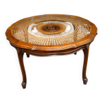 Table basse ronde impriale louis vx en bois massif canne et verre