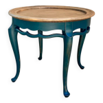 Table basse ronde pieds galbs bleue et bois