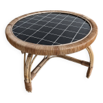 Table basse ronde en rotin et c�ramique noire, ann�es 1960