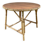 Table basse ronde rotin et ch�ne vintage