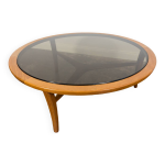 Table basse ronde scandinave en teck avec plateau en verre, annes 1960.