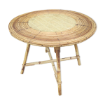 Table basse ronde vintage rotin et vinyle faon paille tresse