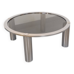 Table basse ronde vintage en verre fumé et métal chromé, années 70 Table basse ronde vintage en verre fumé et métal chromé, années 70