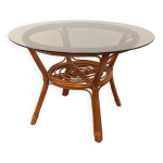 Table basse ronde vintage en verre fum et rotin des annes 70