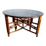 Table basse rotin et verre fum vintage 1970