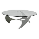 Table basse  space age . pi�tement acier, dalle de verre. circa 1970