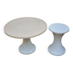 Table basse et tabouret crme et blanc estampills stamp, annes 70