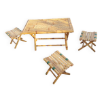 Table basse et tabourets pliants banbou vintage