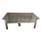 Table basse en verre fum et pieds chroms vintage