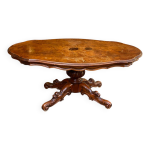 Table basse victorienne en bois de ronce de noyer incrustation pied central Table basse victorienne en bois de ronce de noyer incrustation pied central