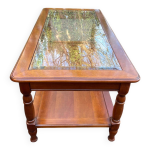 Table basse vintage louis philippe en bois massif et verre 110x55cm