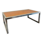 Table basse vintage en loupe d orme et piètement inox design 1970 Table basse vintage en loupe d orme et piètement inox design 1970