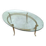Table basse vintage en mtal dor et verre ovale, 1970