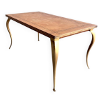 Table basse vintage avec pieds dors et plateau incrust de motifs gomtriques en placage de bois brun ...
