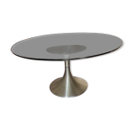 Table basse vintage en verre fum et aluminium bross