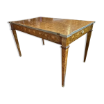 Table bureau louis xvi directoire richement marquete, ceinture laiton et 2 tiroirs, 19me sicle