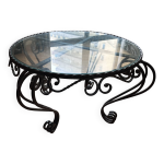 Table d'poque (annes 50) en fer forg avec plateau en verre