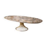 Table extensible ovale en c�ramique effet marbre et pied central dor� sty