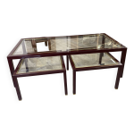Tables gigognes m�tal laqu� bordeaux, laiton et verre biseaut�, france 1950s