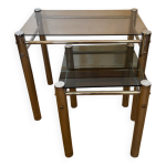 Tables gigognes vintage m�tal chrom� et verre fum�