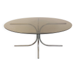 Table à manger ovale vintage en verre fumé et métal chromé Table à manger ovale vintage en verre fumé et métal chromé