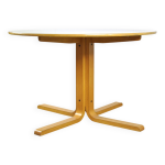 Belle table  manger ronde vintage avec base en bois et plateau en plastique blanc, annes 1970
