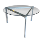 Table à manger ronde plateau en verre & structure triangle en métal brossé Table à manger ronde plateau en verre & structure triangle en métal brossé