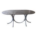 Table ovale en verre fum et mtal chrom, annes 70