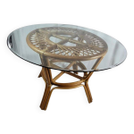 Table pieds rotin et plateau en verre, 1970