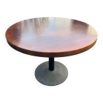 Table ronde design 1970, pied central & bois vernis