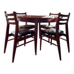 Table ronde extensible en teck + 4 chaises skaï noir scandinave Table ronde extensible en teck + 4 chaises skaï noir scandinave