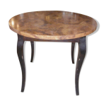 Table ronde style art deco - plateau loupe d'orme et pieds bois noirs