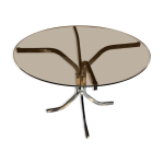 Table ronde vintage en verre fumé et piètement chromé Table ronde vintage en verre fumé et piètement chromé