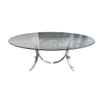 Table de salle  mang ovale 1960 - 1970 plateau verre fum et pied chrom